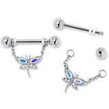 14G 9/16 Aurora CZ Gem Understated Dragonfly Dangle Nipple Ring Set