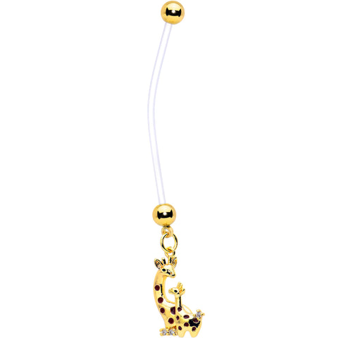 Clear CZ Gem Mom and Baby Giraffe Dangle PTFE Pregnancy Belly Ring