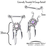 14G 9/16 Aurora CZ Gem Dreamcatcher Dangle Nipple Ring Set