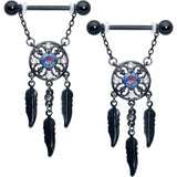 14G 9/16 Aurora CZ Gem Black Dreamcatcher Dangle Nipple Ring Set