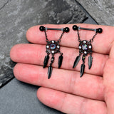 14G 9/16 Aurora CZ Gem Black Dreamcatcher Dangle Nipple Ring Set