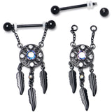 14G 9/16 Aurora CZ Gem Black Dreamcatcher Dangle Nipple Ring Set