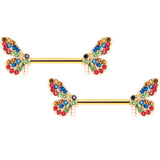 14G 9/16 Red Blue Gem Gold Tone Butterfly Barbell Nipple Ring Set