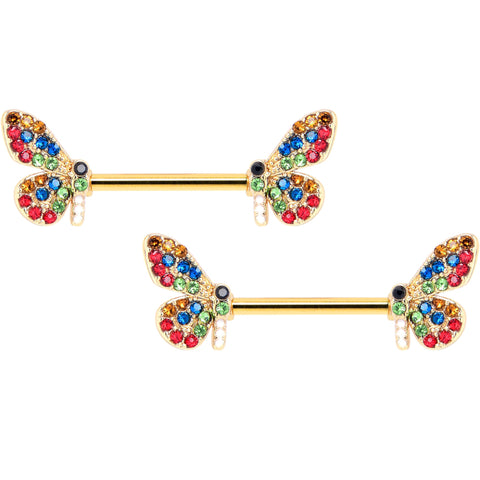 14G 9/16 Red Blue Gem Gold Tone Butterfly Barbell Nipple Ring Set