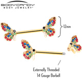 14G 9/16 Red Blue Gem Gold Tone Butterfly Barbell Nipple Ring Set