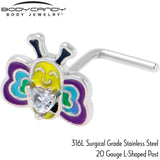 20G 7mm Clear CZ Gem Butterfly Love Bug L Shape Nose Ring