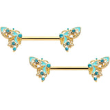 14G 9/16 Blue Gem Gold Hue Ribbon Butterfly Barbell Nipple Ring Set