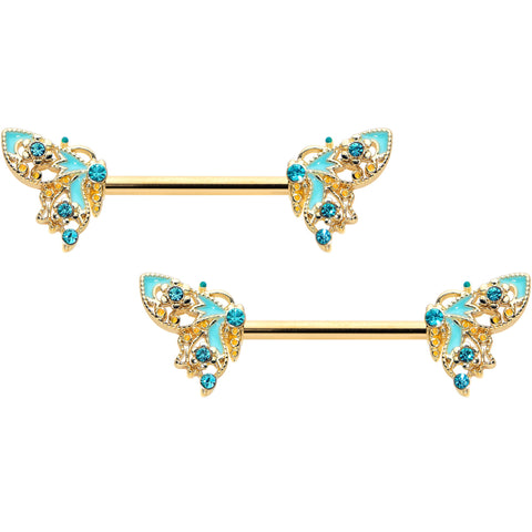 14G 9/16 Blue Gem Gold Hue Ribbon Butterfly Barbell Nipple Ring Set
