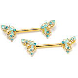 14G 9/16 Blue Gem Gold Hue Ribbon Butterfly Barbell Nipple Ring Set