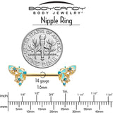 14G 9/16 Blue Gem Gold Hue Ribbon Butterfly Barbell Nipple Ring Set