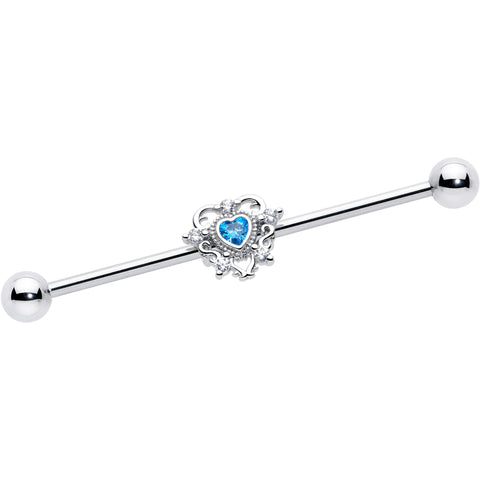 14G Blue Clear CZ Gem Heart Pair Industrial Barbell 38mm