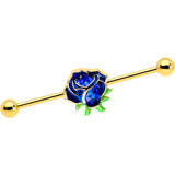 14G Blue Gem Gold Tone Deep Blue Flower Industrial Barbell 38mm