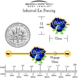 14G Blue Gem Gold Tone Deep Blue Flower Industrial Barbell 38mm