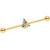 14G Gold Tone Snowy Christmas Tree Holiday Industrial Barbell 38mm