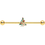 14G Gold Tone Snowy Christmas Tree Holiday Industrial Barbell 38mm