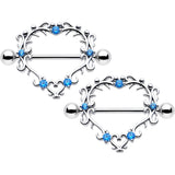 14G 9/16 Blue CZ Gem Leafy Heart Nipple Shield Set