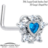20G 7mm Blue Clear CZ Gem Heart Pair L Shape Nose Ring