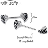 14G 9/16 Clear Gem Heavenly Heart Angel Wing Black Nipple Ring Set