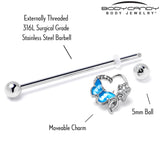 14G Clear Gem Butterfly Flower Blue Industrial Barbell 38mm