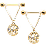 14G 3/4 Clear Gem Gold Tone Lunar Dragonfly Dangle Nipple Ring Set