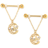 14G 3/4 Clear Gem Gold Tone Lunar Dragonfly Dangle Nipple Ring Set