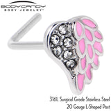 20G 7mm Clear Gem Heavenly Heart Angel Wing Pink L Shape Nose Ring