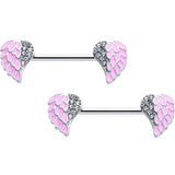 14G 9/16 Clear Gem Heavenly Heart Angel Wing Pink Nipple Ring Set