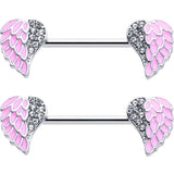 14G 9/16 Clear Gem Heavenly Heart Angel Wing Pink Nipple Ring Set