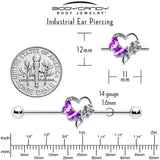 14G Clear Gem Butterfly Rose Flower Purple Industrial Barbell 38mm