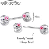14G 9/16 Clear Gem Rabbit On Moon Flower Pink Nipple Ring Set
