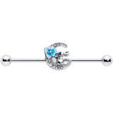14G Clear Gem Rabbit On Moon Flower Blue Industrial Barbell 38mm