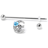 14G Clear Gem Rabbit On Moon Flower Blue Industrial Barbell 38mm