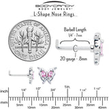 20G 7mm Pink Gem Fancy Fab Butterfly L Shape Nose Ring