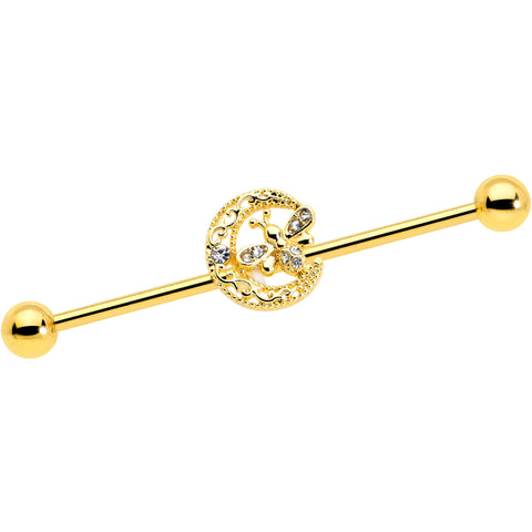 14G Clear Gem Gold Tone Lunar Dragonfly Industrial Barbell 38mm