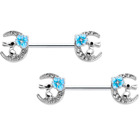 14G 9/16 Clear Gem Rabbit On Moon Flower Blue Nipple Ring Set