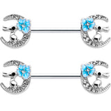 14G 9/16 Clear Gem Rabbit On Moon Flower Blue Nipple Ring Set