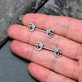 14G 9/16 Clear Gem Rabbit On Moon Flower Blue Nipple Ring Set