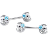 14G 9/16 Clear Gem Rabbit On Moon Flower Blue Nipple Ring Set
