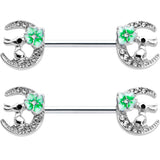 14G 9/16 Clear Gem Rabbit On Moon Flower Green Nipple Ring Set