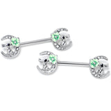 14G 9/16 Clear Gem Rabbit On Moon Flower Green Nipple Ring Set