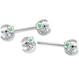 14G 9/16 Clear Gem Rabbit On Moon Flower Green Nipple Ring Set