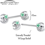 14G 9/16 Clear Gem Rabbit On Moon Flower Green Nipple Ring Set
