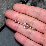14G Clear Gem Rabbit On Moon Flower Pink Industrial Barbell 38mm