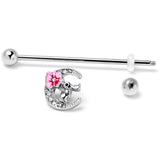 14G Clear Gem Rabbit On Moon Flower Pink Industrial Barbell 38mm