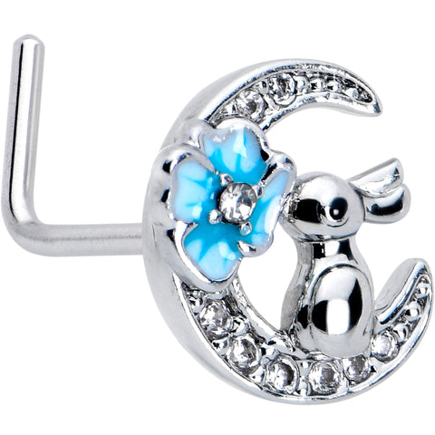 20G 7mm Clear CZ Gem Rabbit On The Moon Blue L Shape Nose Ring