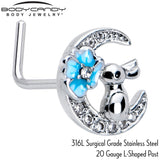 20G 7mm Clear CZ Gem Rabbit On The Moon Blue L Shape Nose Ring