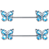 14G 9/16 Blue Gem Baroque Beauty Butterfly Barbell Nipple Ring Set