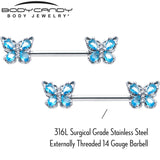 14G 9/16 Blue Gem Baroque Beauty Butterfly Barbell Nipple Ring Set