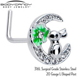 20G 7mm Clear CZ Gem Rabbit On The Moon Green L Shape Nose Ring