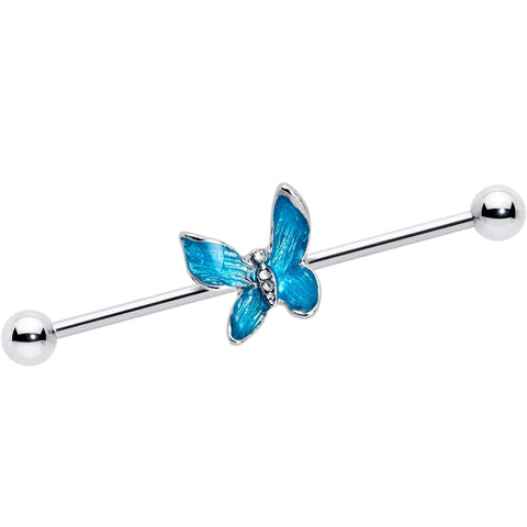 14G Clear Gem Chunky Butterfly Blue Industrial Barbell 38mm